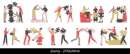 Partnership business concept. People collecting puzzle elements, teamwork, coworking or partnership vector illustration set. Business creative project Stock Vector
