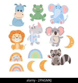 Set of cute cartoon animals, rainbows and moons in vector graphics, isolated on white background. For the design of postcards, posters, banners Stock Vector