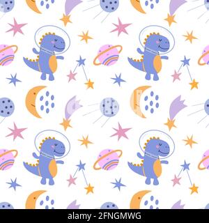 Seamless pattern with cute dinosaur in cosmos. White background, vector graphics. For wrapping paper, textiles, childrens clothing, cover prints, mugs Stock Vector