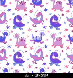 Seamless pattern with cute dinosaurs in cosmos. White background, vector graphics. For wrapping paper, textiles, childrens clothing, cover prints Stock Vector