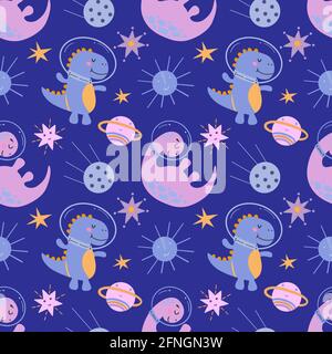 Seamless pattern with cute dinosaurs in cosmos. Blue background, vector graphics. For wrapping paper, textiles, childrens clothing, cover prints, mugs Stock Vector