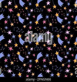 Seamless pattern with cute colorful stars. Black background, vector graphics. For wrapping paper, textiles, childrens clothing, cover prints, mugs Stock Vector