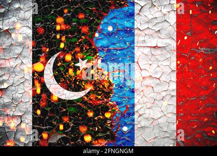 Grunge France VS Pakistan national flags icon pattern isolated on broken cracked wall background, abstract international political relationship friend Stock Photo