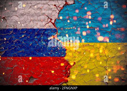 Grunge Russia VS Ukraine national flags icon pattern isolated on broken cracked wall background, abstract international political relationship friends Stock Photo