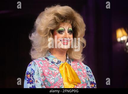 London, UK. 17th May 2021. Holly Stars. Death Drop Photocall. Following rave reviews in December 2020, Death Drop will return to the Garrick Theatre on Wednesday 19th for an eight week run. From May 17th venues such as cinemas, theatres, museums, Pubs, restaurants and concert halls will be allowed to open. People can meet outdoors in groups of up to 30 and indoors in groups of six or two households. Credit: Mark Thomas/Alamy Live News Stock Photo