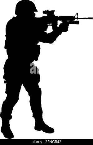 Police special forces, counter terrorist team shooter in helmet standing and aiming with collimator sight on service rifle side view, full length, black vector silhouette isolated on white background Stock Vector