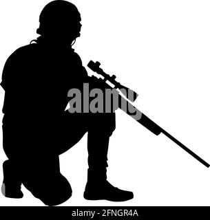 Police special forces, SWAT team, anti-terrorist group sniper in helmet, sitting on one knee and holding sniper rifle in hand, black vector silhouette isolated on white background. Hunter with rifle Stock Vector