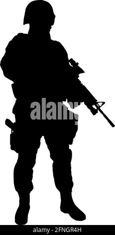 Army soldier, police special forces, SWAT officer in uniforms and helmet standing with service rifle in hands full length vector silhouette isolated on white background. Counter-terrorist team fighter Stock Vector