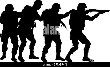 Police special forces tactical team, SWAT group, counter-terrorist squad fighters moving in stack formation behind team leader who aiming with shotgun vector silhouette isolated on white background Stock Vector