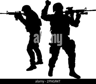 Army or police special forces tactical unit, SWAT team, counter-terrorist group fighters moving forward, giving hand signals, aiming and shooting with service rifle vector silhouette isolated on white Stock Vector