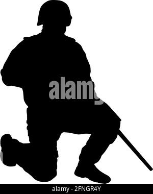 Army soldier, police SWAT, counter-terrorism unit fighter wearing helmet, standing on one knee and holding barrel of service weapon down to ground black vector silhouette isolated on white background Stock Vector