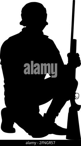 Police special forces, SWAT team, anti-terrorist group sniper in helmet, sitting on one knee and holding sniper rifle in hand, black vector silhouette isolated on white background. Hunter with rifle Stock Vector