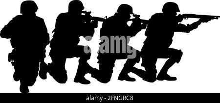 Police SWAT team, counter-terrorist or anti-narcotics tactical group, special security unit fighters standing on knee one behind other and aiming weapons vector silhouette isolated on white background Stock Vector