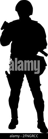 Army soldier, police special forces, SWAT officer in uniforms and helmet standing with service rifle in hands full length vector silhouette isolated on white background. Counter-terrorist team fighter Stock Vector