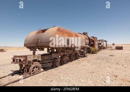 A rusting Beyer Garratt steam engine in the train cemetery, Uyuni, Bolivia Stock Photo
