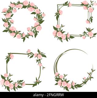 Peonies wreath set. Round and square frame, cute pink flowers and leaves. Festive decorations for wedding, holiday, postcard, poster and design Stock Vector