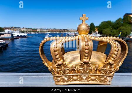 Skeppsholmsbron - Skeppsholm Bridge With Its Famous Golden Crown. Stockholm Sweden Stock Photo