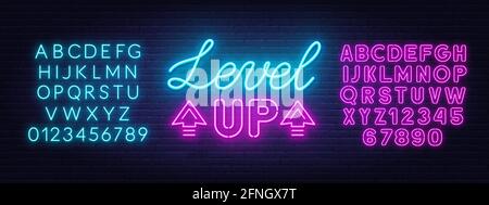 Level up neon sign on brick wall background . Neon blue and pink alphabet . Stock Vector