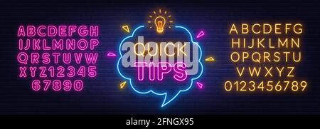 Quick Tips neon sign in the speech bubble on brick wall background. Yellow and pink neon alphabets. Stock Vector