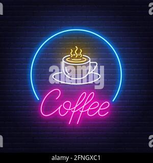 Coffee neon sign on brick wall background . Stock Vector