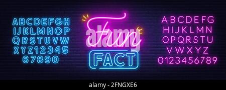 Fun Fact neon sign on brick wall background. Neon pink and blue alphabet . Stock Vector