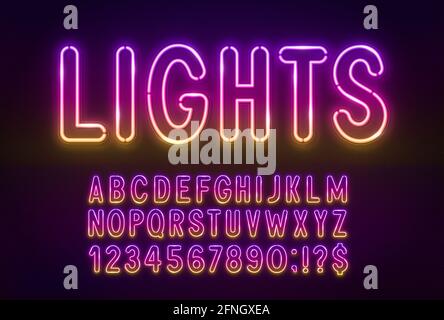 Gradient pink yellow neon light font on a dark background. Glowing alphabet. Stock Vector