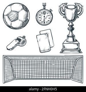 Soccer sports equipment. Vector hand drawn sketch illustration. Football ball, goal, and cards icons, isolated on white background Stock Vector