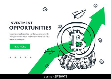 Human hands hold bitcoin coin on green arrow background. Investment, finance growth, mining technologies business concept. Hand drawn vector sketch il Stock Vector