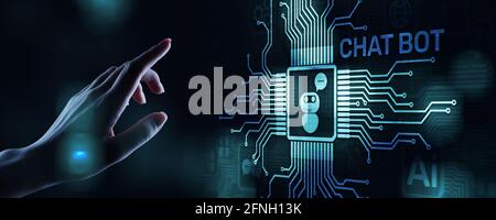 Chatbot computer program designed for conversation with human users over the Internet. Support and customer service automation technology concept. Stock Photo