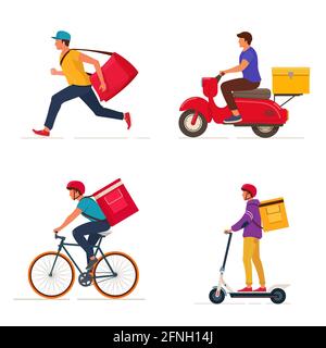 Set of couriers on different delivery vehicles Stock Vector