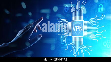 VPN virtual private network internet access security ssl proxy anonymizer technology concept button on virtual screen Stock Photo