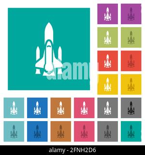 Space shuttle with launchers multi colored flat icons on plain square backgrounds. Included white and darker icon variations for hover or active effec Stock Vector
