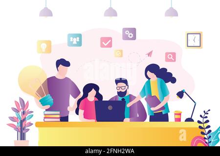 People are working together on new project. Collective joint work, discussion and negotiation. Business team concept. Teamwork, development, coworking Stock Vector