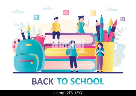 Children getting ready go to school after vacation. Back to school concept. Girls stands with backpacks. Huge Rucksack with different stationery. Boy Stock Vector