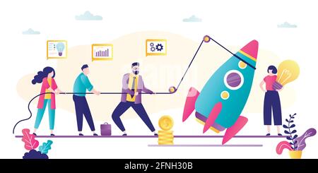 Businesspeople using rope for rocket launch. Business team create new project. Teamwork, new startup development. Creative woman employee holding idea Stock Vector