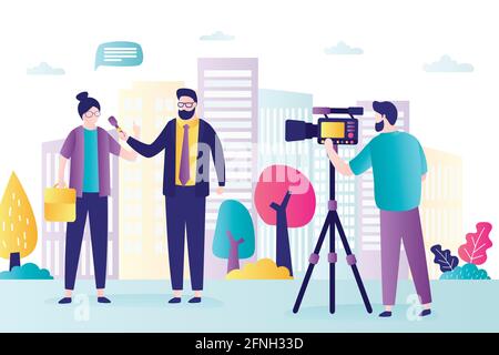 Male journalist interviews beautiful business woman. Reporter holds microphone and asks question, cameraman is shooting video. TV group create video c Stock Vector