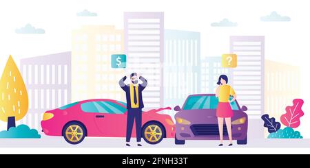Cars damage, unhappy businessman and woman. Male and female characters after auto collision on road. Drivers standing near broken automobiles. Emergen Stock Vector