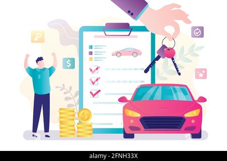 Cartoon man buys new car. Male character enjoys new purchase. Contract of sale, business agreement. Hand giving keys from automobile. Concept of auto Stock Vector