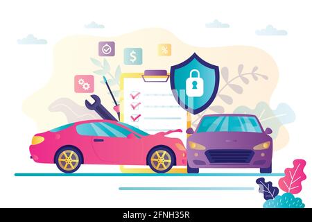 Car insurance concept. Automobile protection and safety assurance. Vehicle collision insurance. Safety from disaster. Car accident and contract paper. Stock Vector