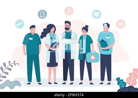 Group of various doctors and nurse. Teamwork, medical services concept. Female and male medical specialists, human characters in uniform. Healthcare b Stock Vector