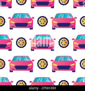 Seamless pattern with modern sport car and tires. Texture background with vehicle. Trendy style gradient colors design. Vector illustration Stock Vector