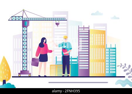 Business woman with foreman on construction site. Engineer holds clipboard with documents. Working process with large equipment. Customer and worker m Stock Vector