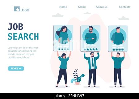 Job search landing page template. Group of various candidates hold resumes. Job seekers with cv. Unemployment, global crisis. Skills assessment, quali Stock Vector