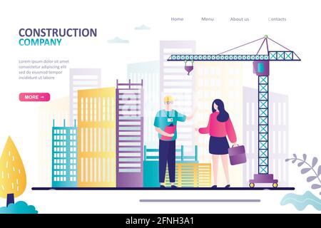 Engineer and female client discuss unfinished project. Building working process with large crane. Customer and foreman on construction site background Stock Vector