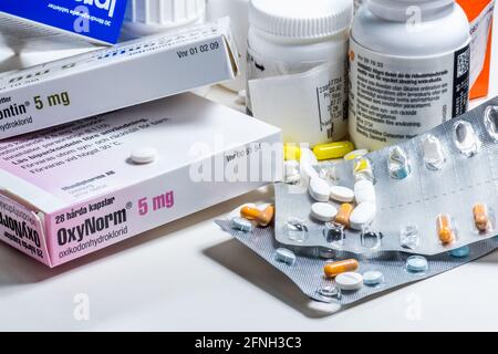 Lot of medicines with packaging and jars Stock Photo