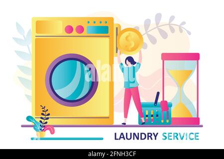 Beautiful woman wash clothes in laundry service. Female character holds big coin for payment. Dirty clothes in laundry basket. Large washing machine, Stock Vector