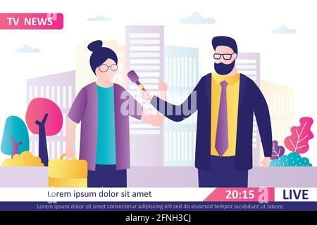 Journalist interviews business lady. Reporter holding microphone and give questions. Anchorman on street, live reporting. Reporter broadcast breaking Stock Vector