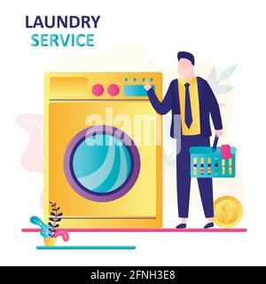 Businessman came to wash clothes in laundry service. Male character holds basket with dirty clothes. Handsome man stands with large washing machine. S Stock Vector