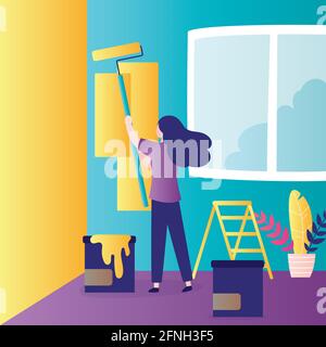 Beautiful woman paints walls. Repair, interior change. Repairman paints walls using paint roller and can of paint. Room decoration. Female character i Stock Vector