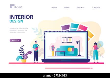 Design team comes up with new interior of room. New project on laptop screen. Female character with light bulb. Male decorator with tablet. Landing pa Stock Vector